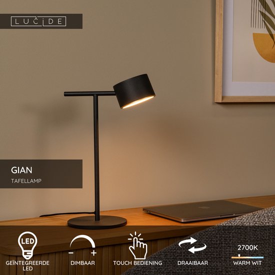 Lucide GIAN - Tafellamp - LED Dimbaar - 1x9W 2700K - Zwart