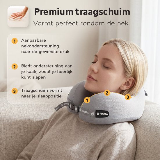 TRAVARA Nekkussen The Airhugger - Reiskussen - Voor Vliegtuig - Auto kussen - Traagschuim - Opblaasbaar en Memory Foam Combinatie - Lichtgrijs