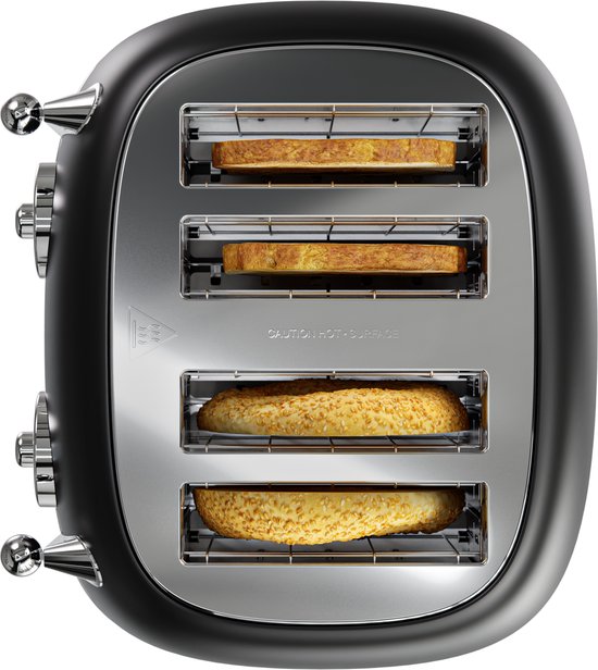 KitchenBrothers Retro Broodrooster - Toaster - 6 Warmteniveaus - 4 Extra Brede Sleuven - 815W - Zwart