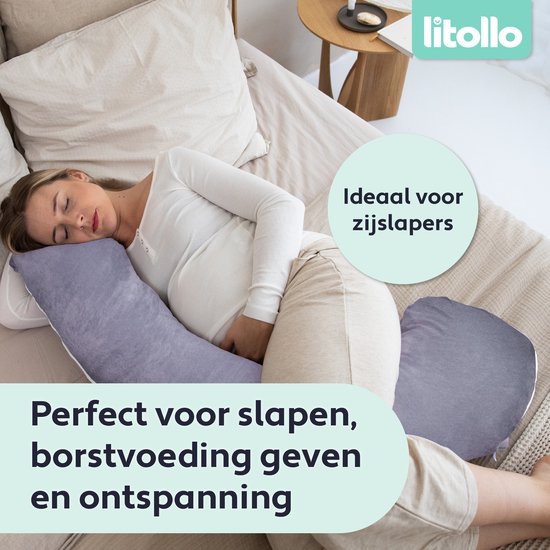 Litollo® Zwangerschapskussen XL - Voedingskussen - Lichaamskussen - Body pillow - 140cm - Afneembare hoes - Grijs - Fleece