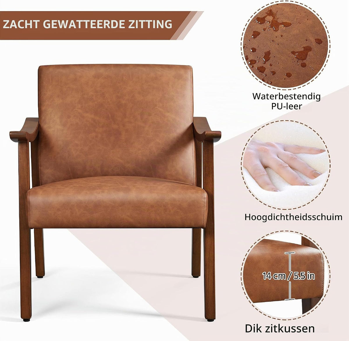 Yaheetech Retro loungestoel 62 × 70 × 74 cm – lichtbruin, rubberhouten armleuningen, draagvermogen 136 kg
