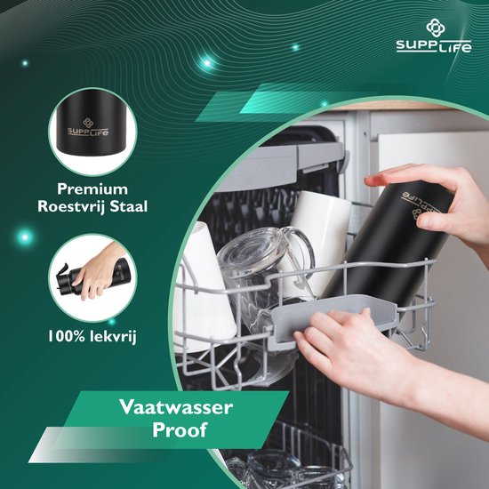 Supplife Luxe RVS Thermosfles / Drinkfles - 1 Liter - BPA & Lek Vrij - Waterfles met Rietje - Dubbelwandige Isolatie - Thermosbeker - Schenkdop en Dop met Rietje - Inclusief Schoonmaakborsteltje - Zwart
