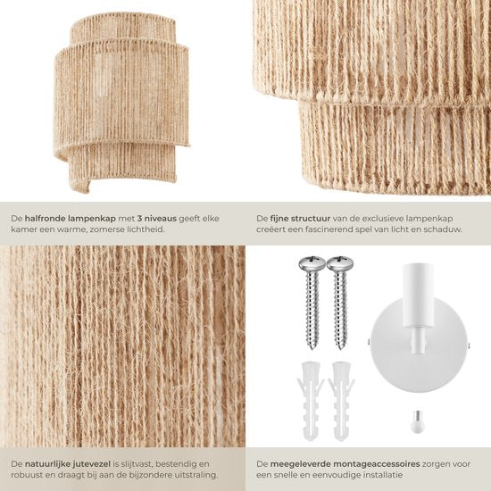 tectake® Wandlamp Lignea Lux - 40W - 12 x 23 x 25,5 cm - E14 - Muurlamp voor Woonkamer, Slaapkamer, Eetkamer - Jute Lamp in Boho Stijl - Trapverlichting - Halfrond