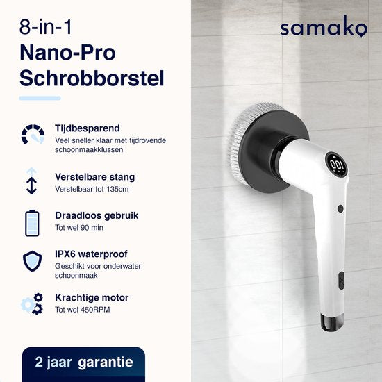 Samako Elektrische Schoonmaakborstel - Elektrische Schrobber - IPX6 waterdichte Schrobborstel met steel - 9 opzetstukken - Poetsmachine - Schrobmachine