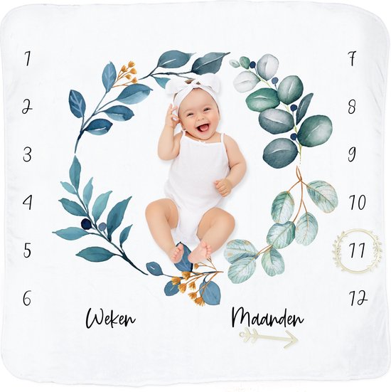 Frummel Mijlpaaldeken ‘Leaves’ – Milestone deken – Mijlpaal baby – Kraamcadeau Jongen – Kraamcadeau Meisje – Baby Shower Cadeau – Baby Cadeau – Mijlpaaldeken in het Nederlands – Moederdag cadeau - 115 x 115 cm