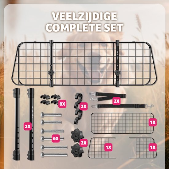tectake® - Autohondenrek - Universeel met variabele breedte tot max. 154 cm - Kofferbakbescherming en scheidingsrooster - Incl. 2 veiligheidsgordels - Eenvoudige montage