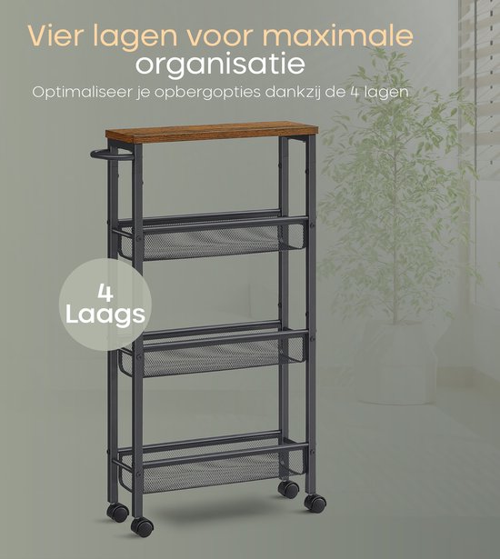 O'DADDY® Keukentrolley - Smalle Rolwagen - Keukeneiland - Serveerwagen - Keukentrolley Op Wieltjes - Keuken Trolley - Industrieel Design - Bruin Hout - Zwart Metaal