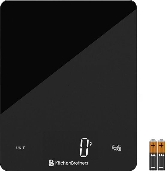 KitchenBrothers Keukenweegschaal - Weegschaal Keuken - Digitaal - 1g tot 10kg - Inclusief Batterijen - Glas/Zwart
