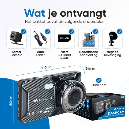AyeCam Dashcam Pro – Dashcam voor Auto voor en Achter - FULL HD & Nachtvisie – G-Sensor - Incl. 32GB SD