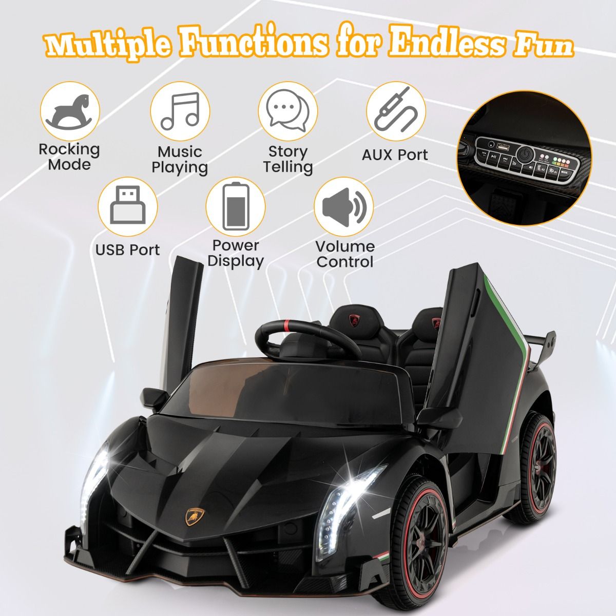 Coast Lamborghini Gelicentieerde Elektrische Auto - 12V Batterij - Afstandsbediening - 3 Snelheden - Hydraulische Deuren - Zwart