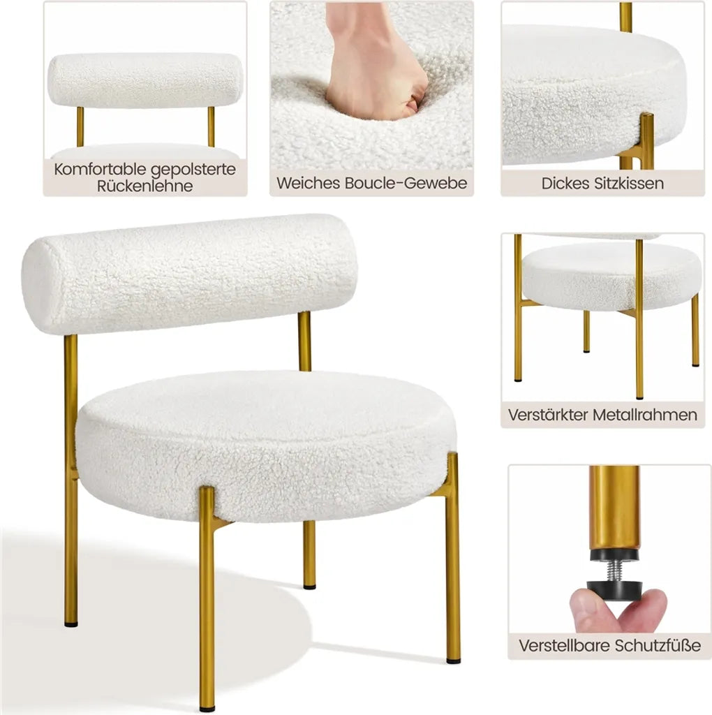 Yaheetech Loungestoel 63 × 58 × 65 cm – Wit Bouclé – Moderne Relaxstoel met Ronde Zitting en Metalen Poten