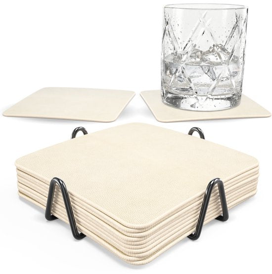 Castagnola Kunstlederen Onderzetters – Onderzetters voor Glazen – Design Onderzetters met Houder – Leren Onderzettersset met metalen houder – Leder – Set van 10 - Offwhite - 10x10cm