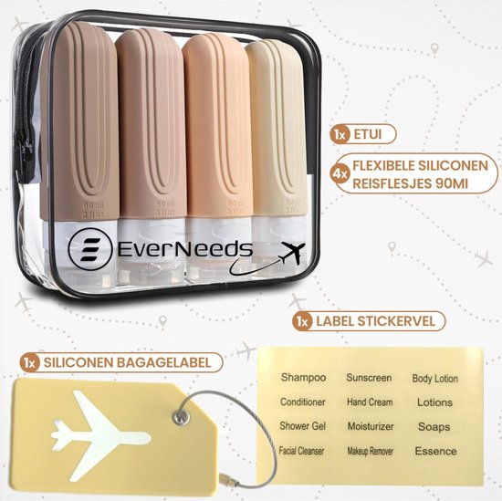 EverNeeds Reisflesjes Met Etui - Navulbaar - Siliconen Reisflesjes Handbagage - Crème - 4 Stuks