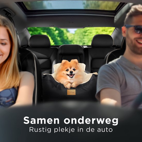 CozySense® Honden Autostoel - Hondenmand Auto voor Kleine Hond - Voorbank & Achterbank - Met Veiligheidsriem, Opbergvak & Wasbare Hoes - Zwart/Beige