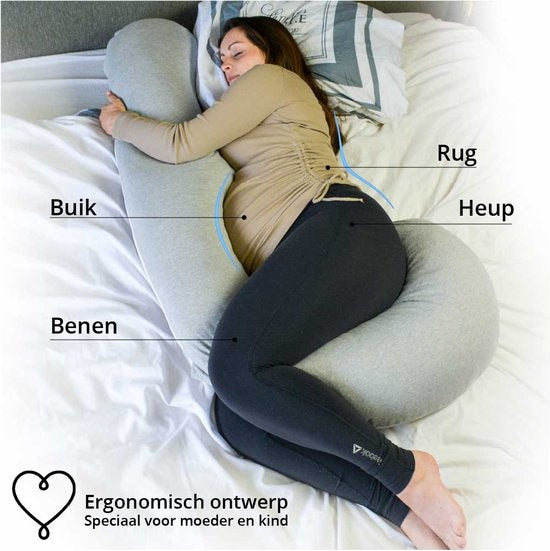 EL-Life Afneembare Katoenen Hoes voor EL-Life Zwangerschapskussen XXL J-vorm - 155cm - Lichtgrijs