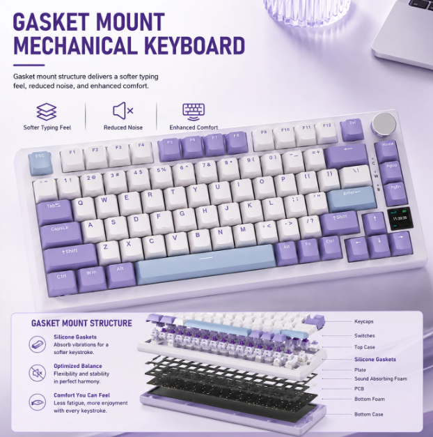 Ajazz AK820 Pro 75% Mechanisch Toetsenbord - Grijs - TFT-Scherm, Tri-Mode, RGB