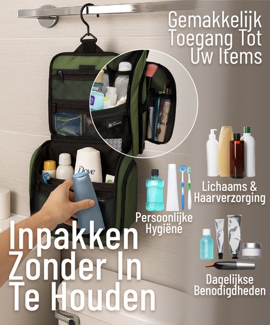D&D Wanderlust Toilettas met Haak - Ophangbare Luxe Travel Organizer met 10 vakken - Groen - Unisex Dames & Heren - 6 liter inhoud - Reis Toilettas Hangend Groot - Make up Tasje
