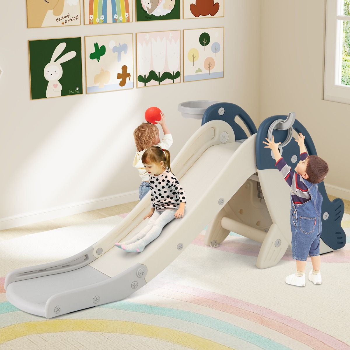 Coast Kinderglijbaan met Basketbalring en Ringwerpspel - Opvouwbare Speelset - Walvisontwerp - Blauw