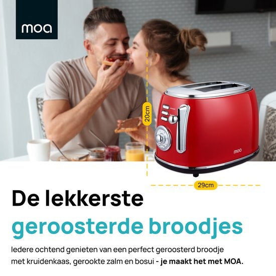 MOA Retro Broodrooster - 6 Warmteniveaus - 2 Extra Brede Sleuven - 850W - Reheat en Ontdooi-functie - Rood - T3R