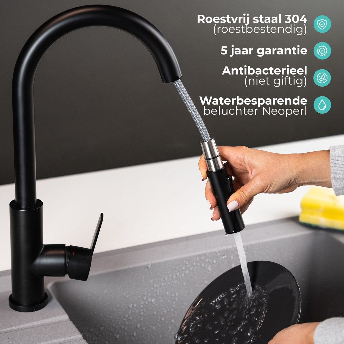 Mizzo Trigo Hoge Keukenkraan met Uittrekbare Uitloop - Semi-professionele Keukenkraan zwart met Sproeikop - Hoge Mengkraan 44cm hoog met Douchefunctie - Ideaal voor keukeneiland - RVS Mat Zwart