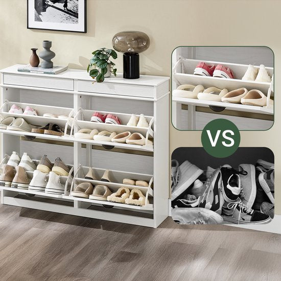 SoBuy FSR79-WG Schoenenkast met 4 kleppen, schoenenkast, entree, schoenenkast, schoenenrek, 16 paar, voor hal, entree, 103 x 23 x 82 cm, antiek houteffect, wit