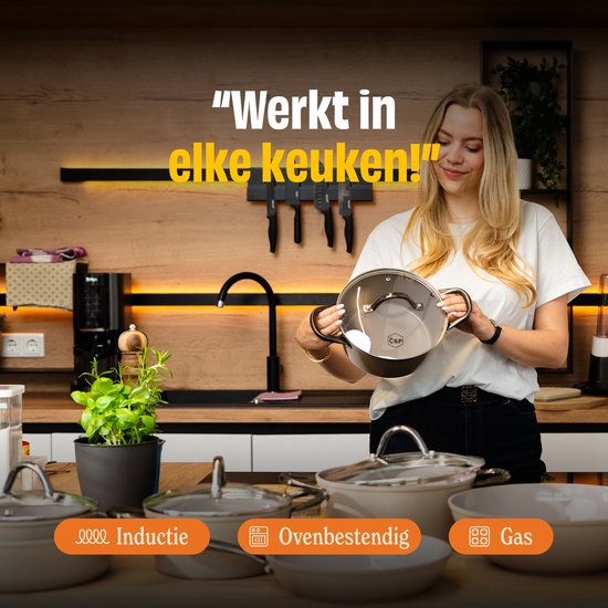 Cook & Pan 9-Delige Pannenset Taupe of Mind - PFAS vrij - Alle Warmtebronnen - Pannen Set met 7 jaar Garantie - Krasbestendige Anti Aanbaklaag - Vaatwasserbestendig - Gas, Inductie, Elektrisch, Oven - Koekenpan, Wokpan, Steelpan, Hapjespan, Kookpot