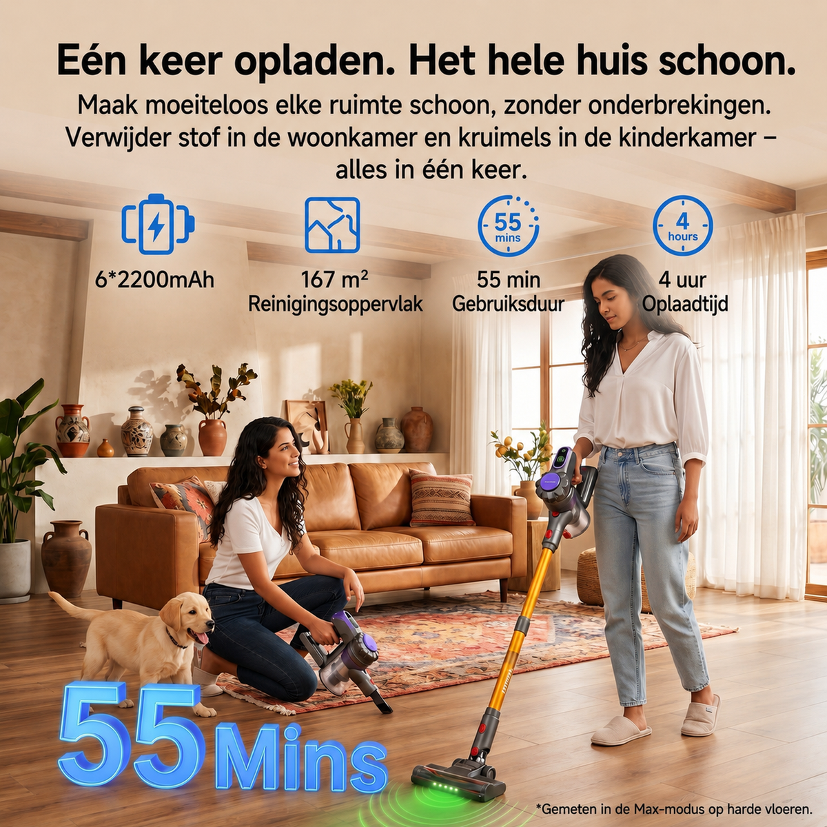 Monsga ME03 Draadloze Steelstofzuiger - 550 W - 55 kPa - 55 Min Looptijd - 1,2 kg - Anti-Klit Borstel - Afneembare Accu - Groen Detectielicht