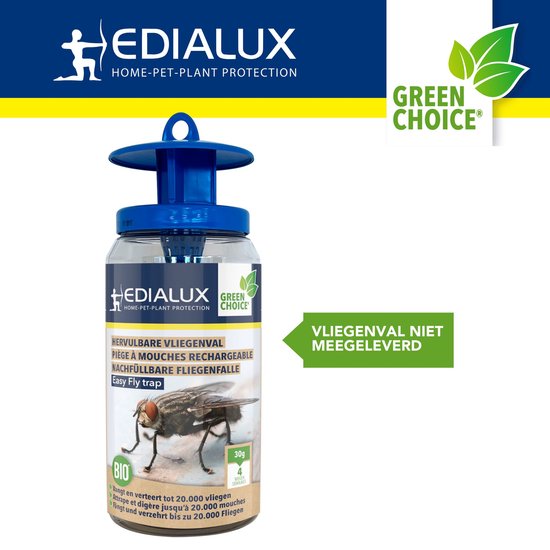 Edialux Vliegenval navulling met wateroplosbare lokstof, natuurlijke vliegenlokker, milieuvriendelijke insectenval navulling voor buitengebruik, herbruikbare navulling voor tuin, stal en terras, tot 20 weken bescherming