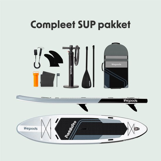 LifeGoods SUP Board Tandem - 2 Personen - 220 KG Draagkracht - 381 x 86 cm - Opblaasbaar - Compleet Sup pakket - Wit/Zwart