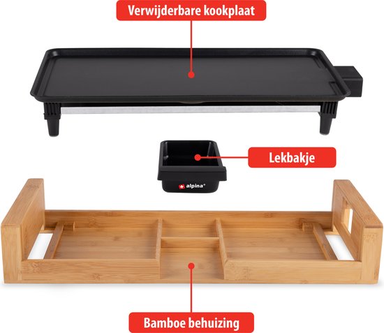 alpina Teppanyaki Bakplaat - Tafelgrill - Anti-aanbaklaag - 2000W - 43x22,5cm - Zwart