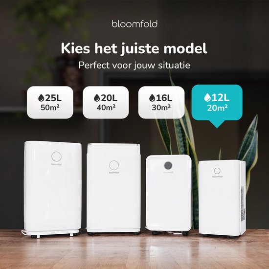 Bloomfold Luchtontvochtiger - 12L per Dag - Incl. Was-droog Functie - Geschikt voor Woonkamer, Slaapkamer, Kelder & Badkamer - Dehumidifier - Wit