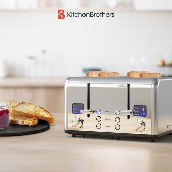 KitchenBrothers Broodrooster - Toaster - 6 Warmteniveaus - 4 Extra Brede Sleuven - 1630W - RVS/Zilver