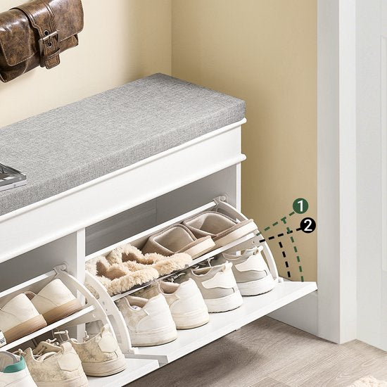 SoBuy FSR64-WG Schoenenkast, schoenenbank, schoenen, entree, 2 kleppen met afneembaar kussen, opbergdoos, rek voor smalle entree, 104 x 24 x 51 cm, antiek houteffect, wit
