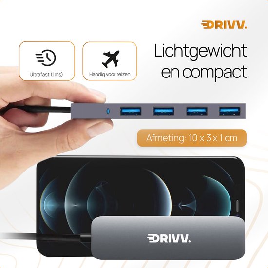 Drivv. USB Splitter 4 poorten - USB 3.0A - USB Hub 3.0 - Aluminium Behuizing - Grijs