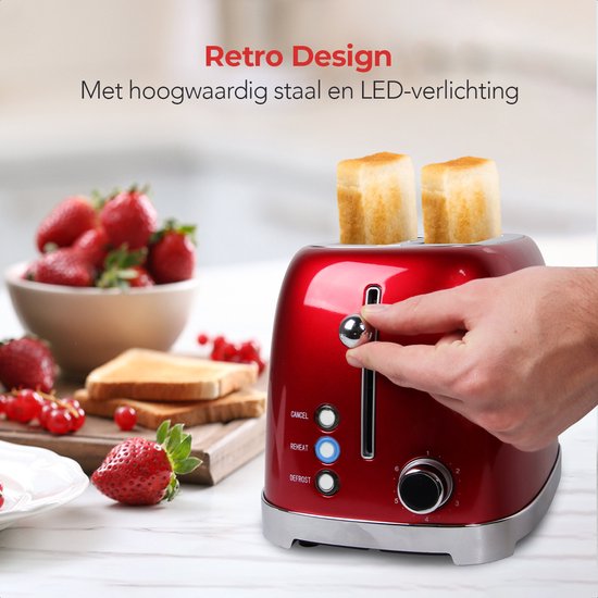 KitchenBrothers Retro Broodrooster - Toaster - 6 Warmteniveaus - 2 Extra Brede Sleuven - 815W - Rood
