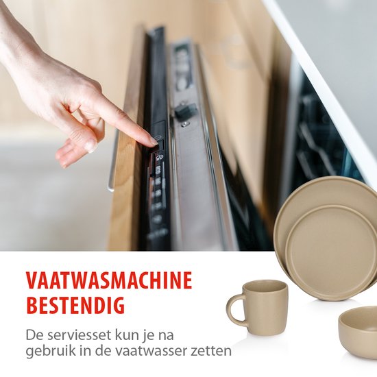 alpina Serviesset 16-Delig - Bordenset 4 Persoons - Aardewerk Servies - Ontbijtborden, Dinerborden, Kommen en Mokken - Magnetron en Vaatwasser Bestendig - Zand
