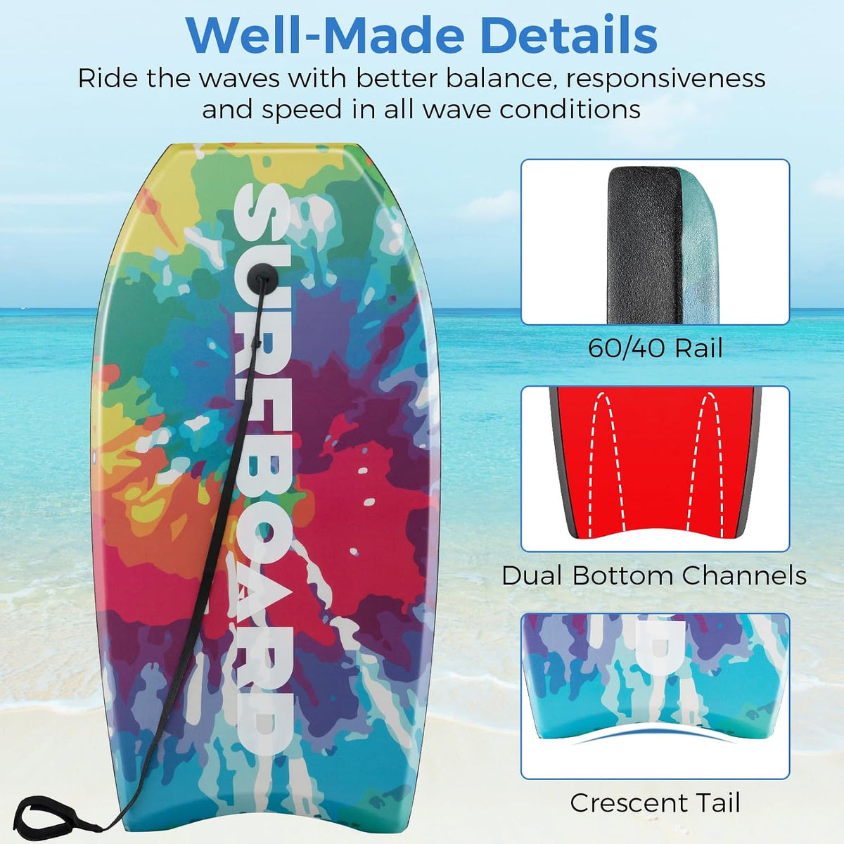 Spotravel Bodyboard 37 Inch met Polsband - Meerkleurig - 84 x 46 x 5 cm