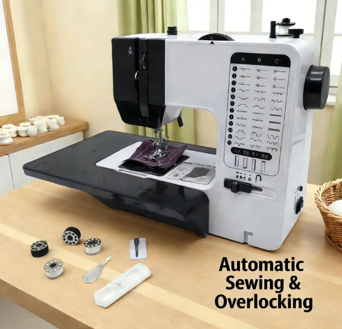 Mini Naaimachine voor Thuisgebruik - 7,2 W - Wit/Zwart - Met Voetpedaal en Verlengtafel