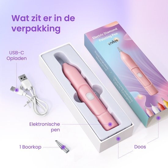 Rubye® – Elektrische Diamant Schilder Pen – Met Vacuümtechniek – Oplaadbaar via USB-C – Comfortabel in Gebruik – Voor Ronde en Vierkante Steentjes – Roze