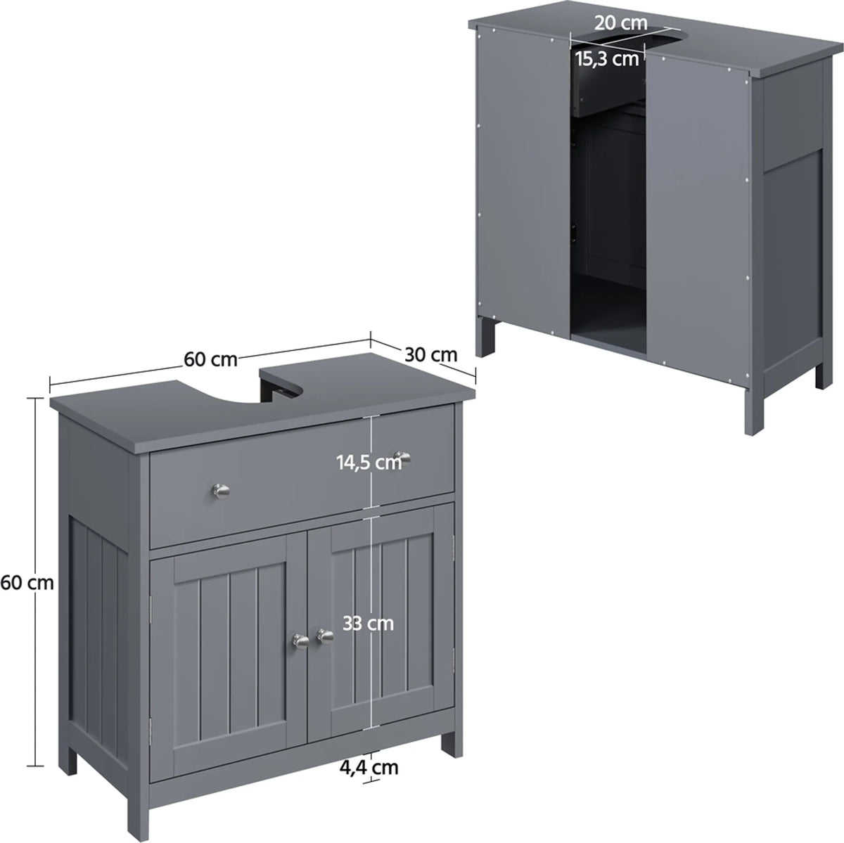 Yaheetech Wastafelonderkast Met Lade En Twee Vakken – Voorzien Van Sifonuitsparing En Waterafstotende Coating En Metalen Beslag – Voor Badkamer In Landelijke Stijl – Donkergrijs Mdf En Metaal – 60 x 30 x 60 cm