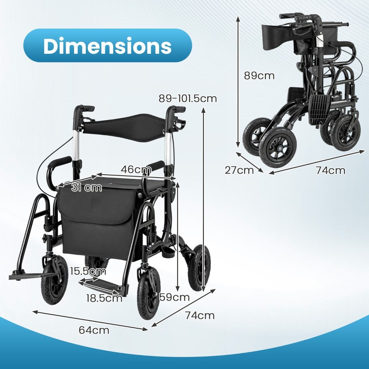 Coast 2-in-1 rollator en rolstoel - luchtbanden - 6-voudig in hoogte verstelbaar - zwart