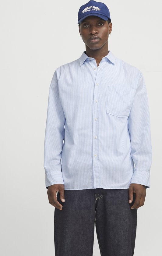 JACK&JONES - JORMARGATE OXFORD SHIRT LS BF LN - Heren - Overhemden - Maat M - Blauw/Wit