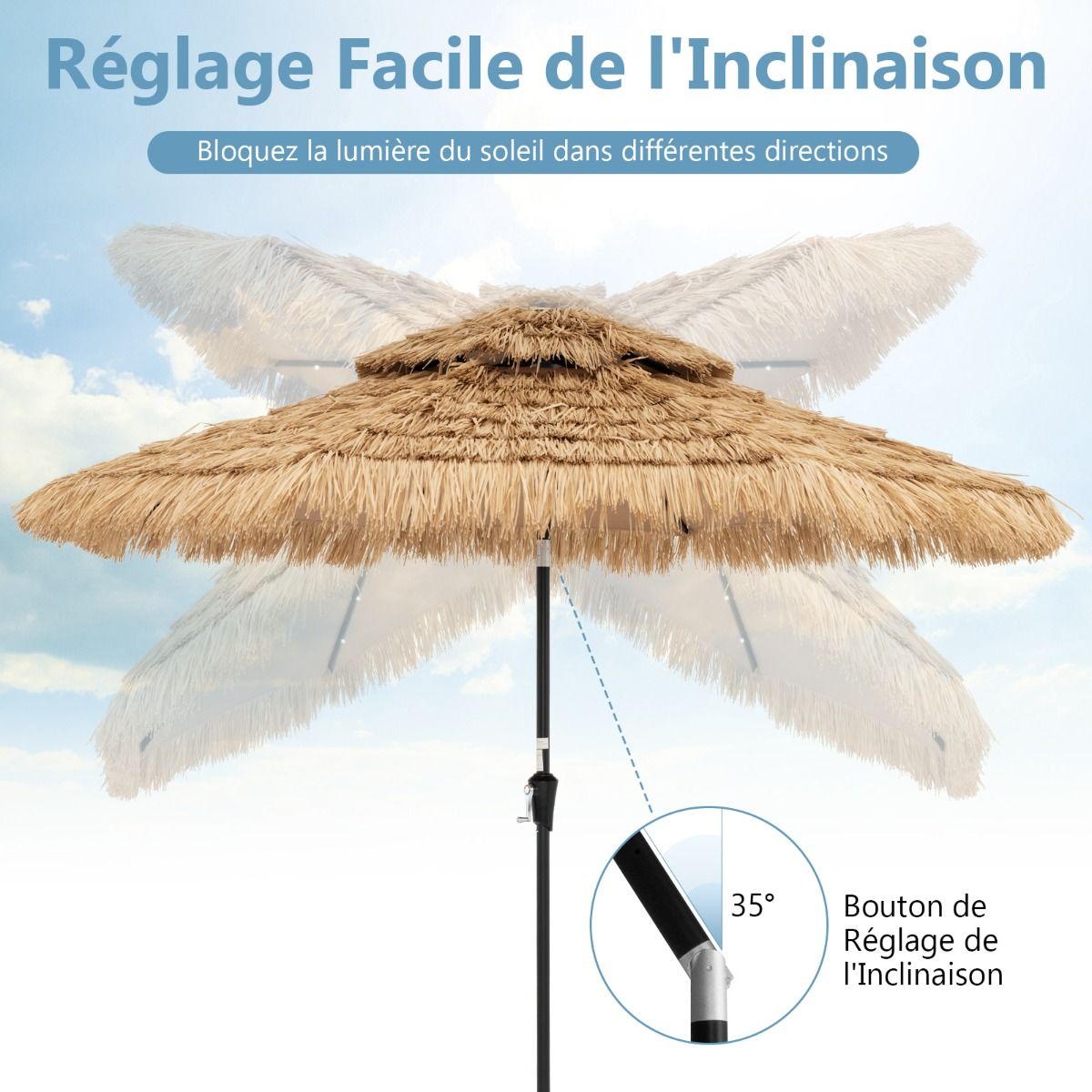 Coast Rieten Parasol - 32 LED Lampjes - Kantelbaar - Hawaii Stijl - 270 x 270 x 256 cm
