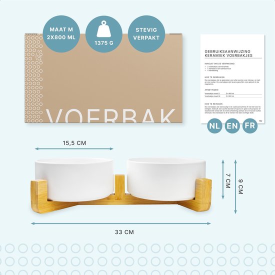 Voerbak Hond - Drinkbak - Met Bamboe Standaard - 2x 800 ml - Maat M - Wit Mat