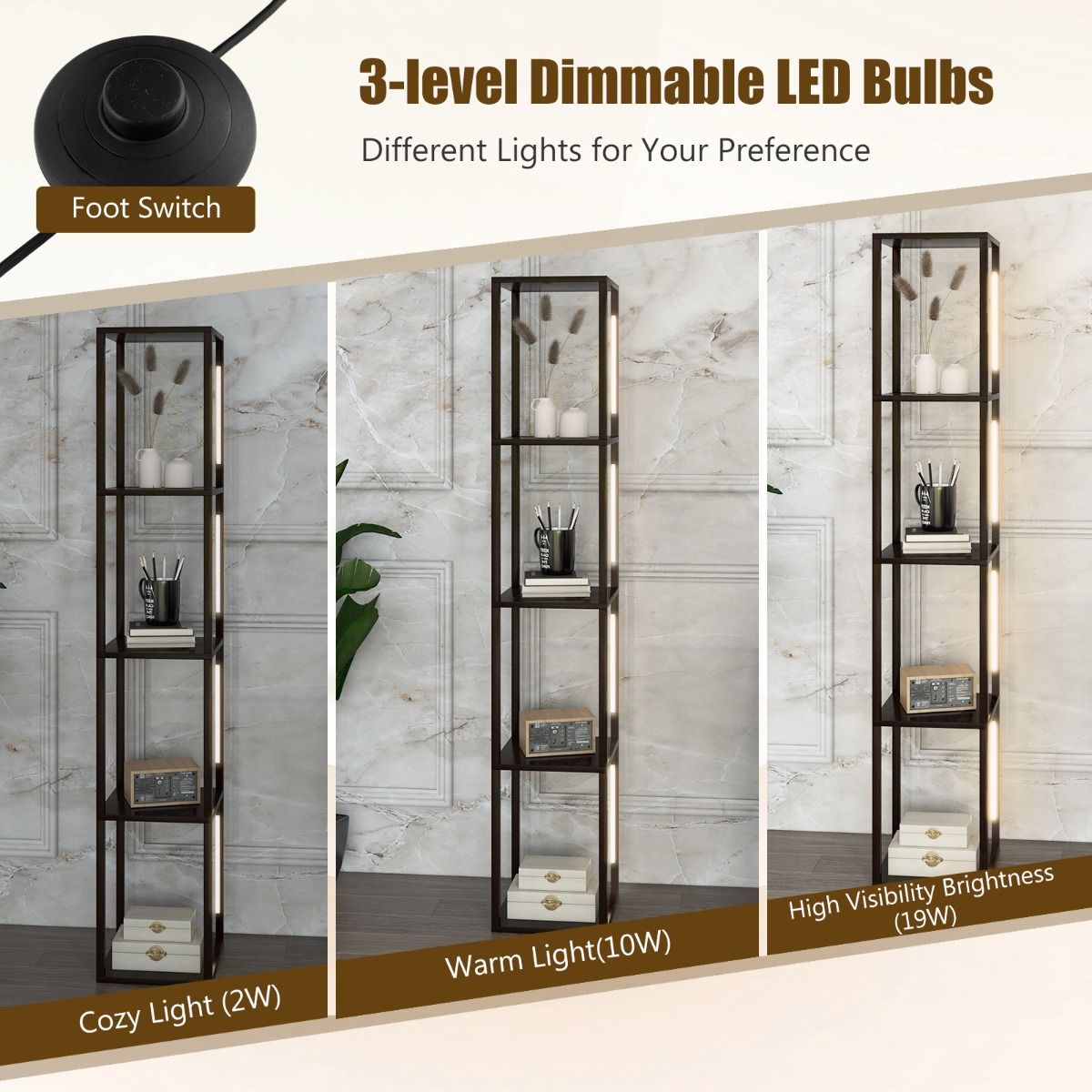 Coast Vloerlamp met Opbergrekken - 3-traps dimbare LED-verlichting - 4 planken - bruin - 163 cm