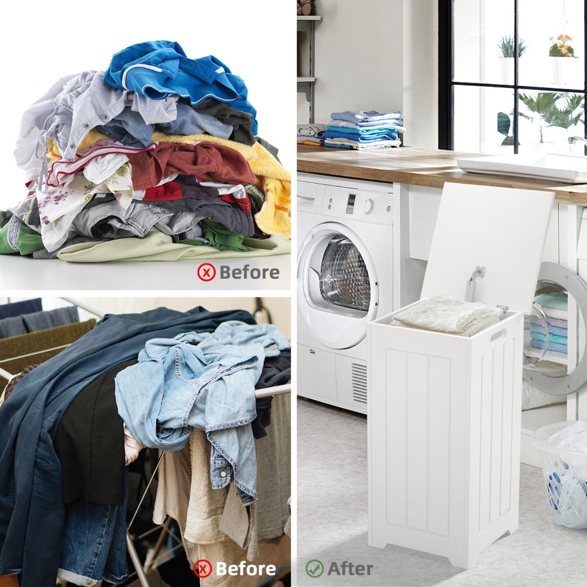 coast 35L Vrijstaande Wasmand - 30×30×61 cm - Wit – Met Bovendeksel, Metalen Scharnieren & Handgrepen