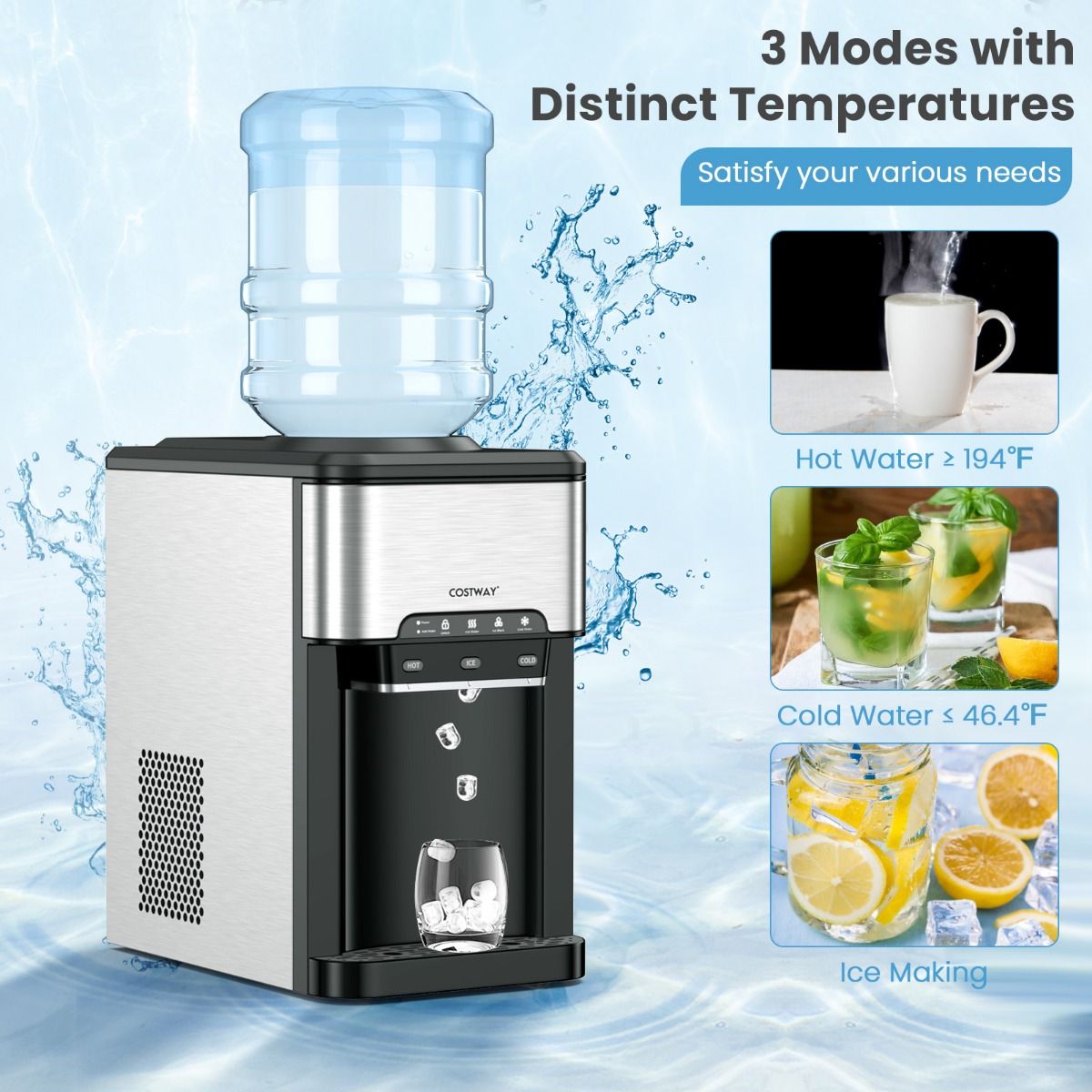 Coast 3-in-1 Waterdispenser met IJsmaker – Aanrechtmodel 28x43x48 cm – Zilver/Zwart – Warm/Koud/IJsfunctie