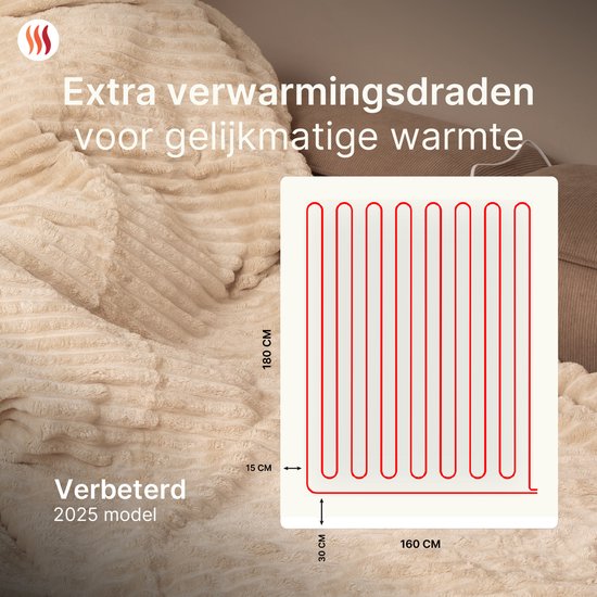 Seranova Elektrische Deken XXL - Extra Warmtedraden - Gestreept Model - 180x160 cm - 2 persoons Warmtedeken - Dubbelzijdig Fleece - Beige