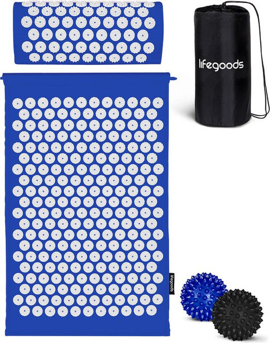 LifeGoods Acupressuur Mat met Kussen - Shakti mat - Spijkermat Incl. 2x Triggerpoint Bal - 66x40x2cm - Blauw/Wit