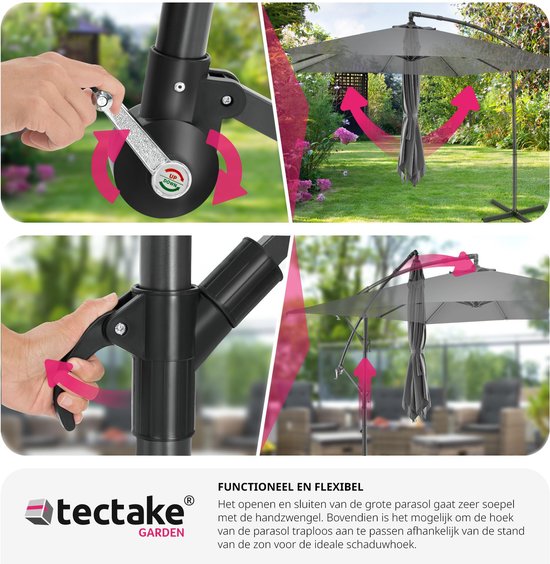 tectake® - Parasol Apollon vierkant 250 x 250 cm - Incl. windbeveiliging en beschermhoes - grijs